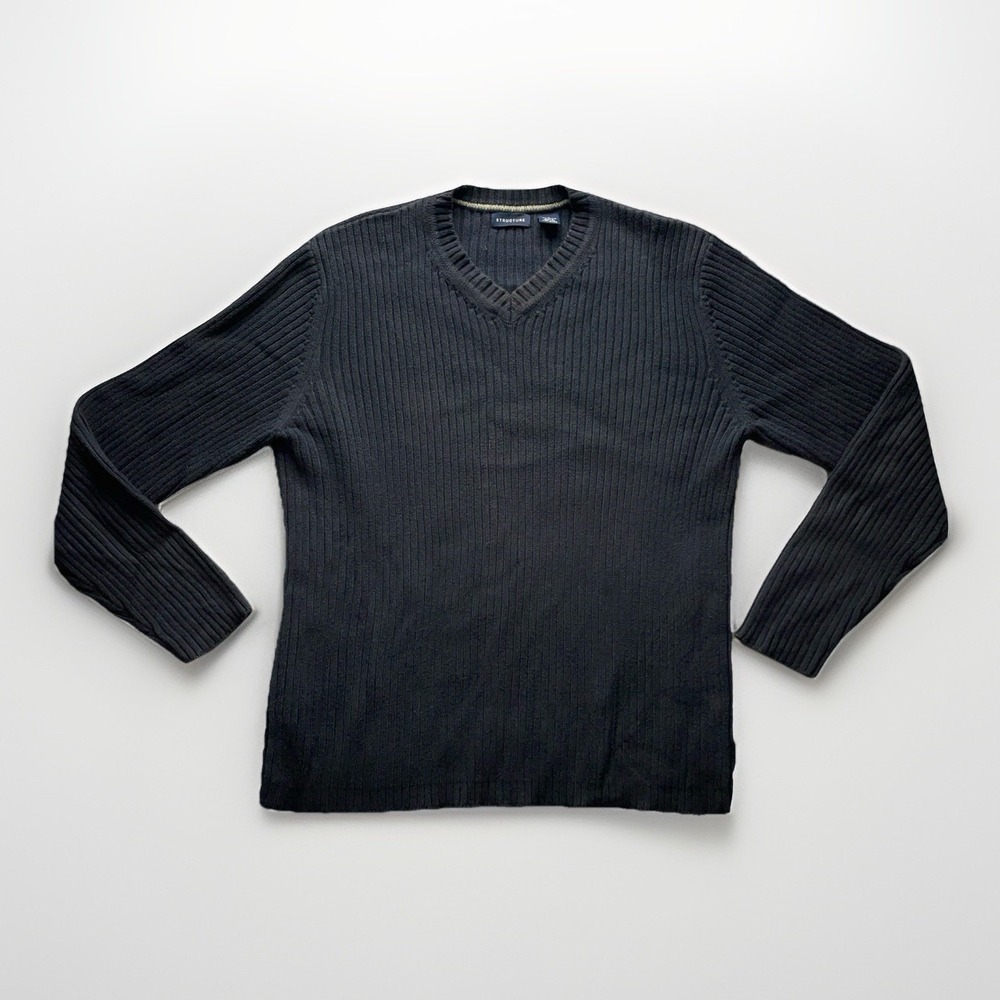 Structure Men's Ribbed V-Neck Sweater Size M Blue Cotton Knit Y2K Preppy 90s